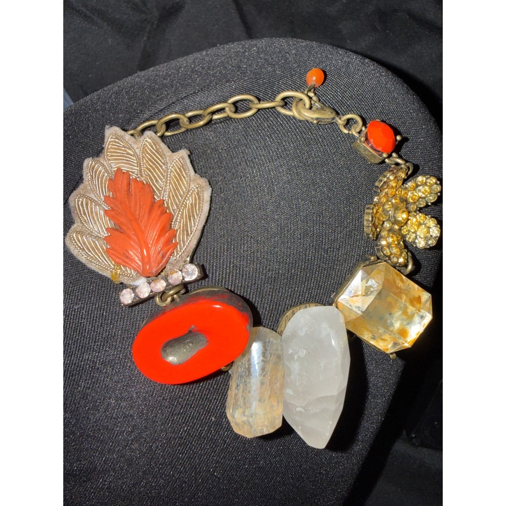 Vintage Mixed Media Statement Bracelet Quartz Crystal Resin Leaf Rhinestone